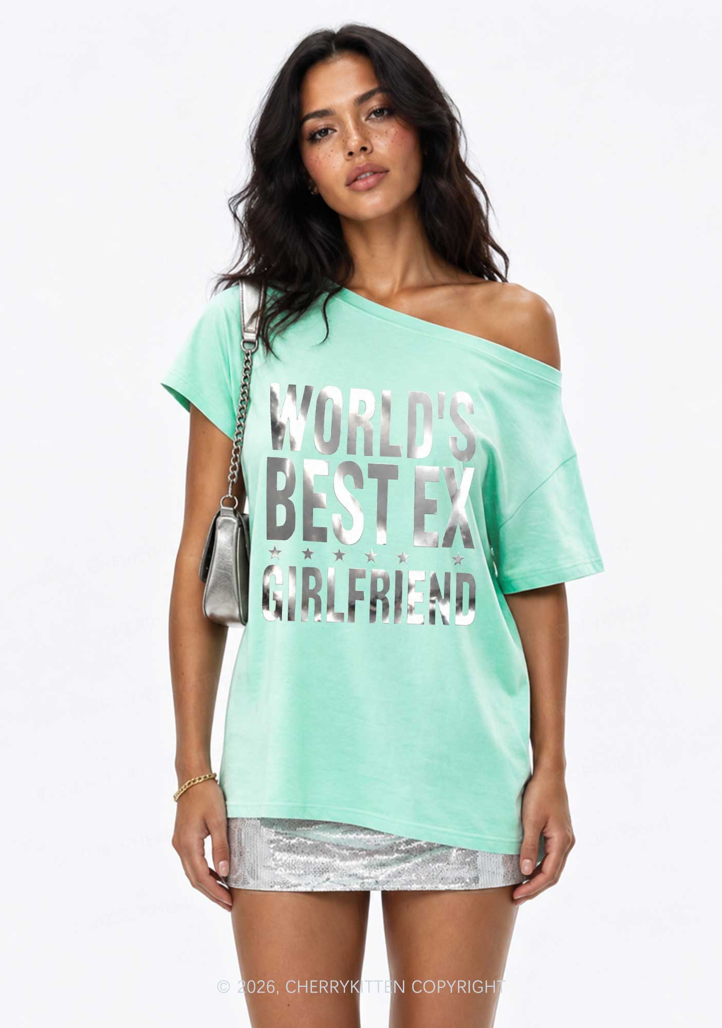 Best Ex Girlfriend Silver Foil Printed Y2K Off Shoulder Tee Cherrykitten