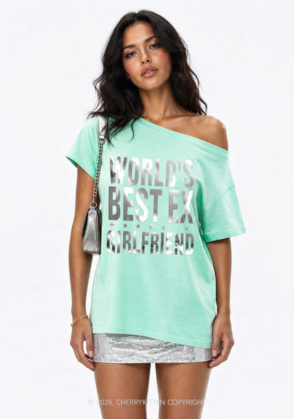 Best Ex Girlfriend Silver Foil Printed Y2K Off Shoulder Tee Cherrykitten