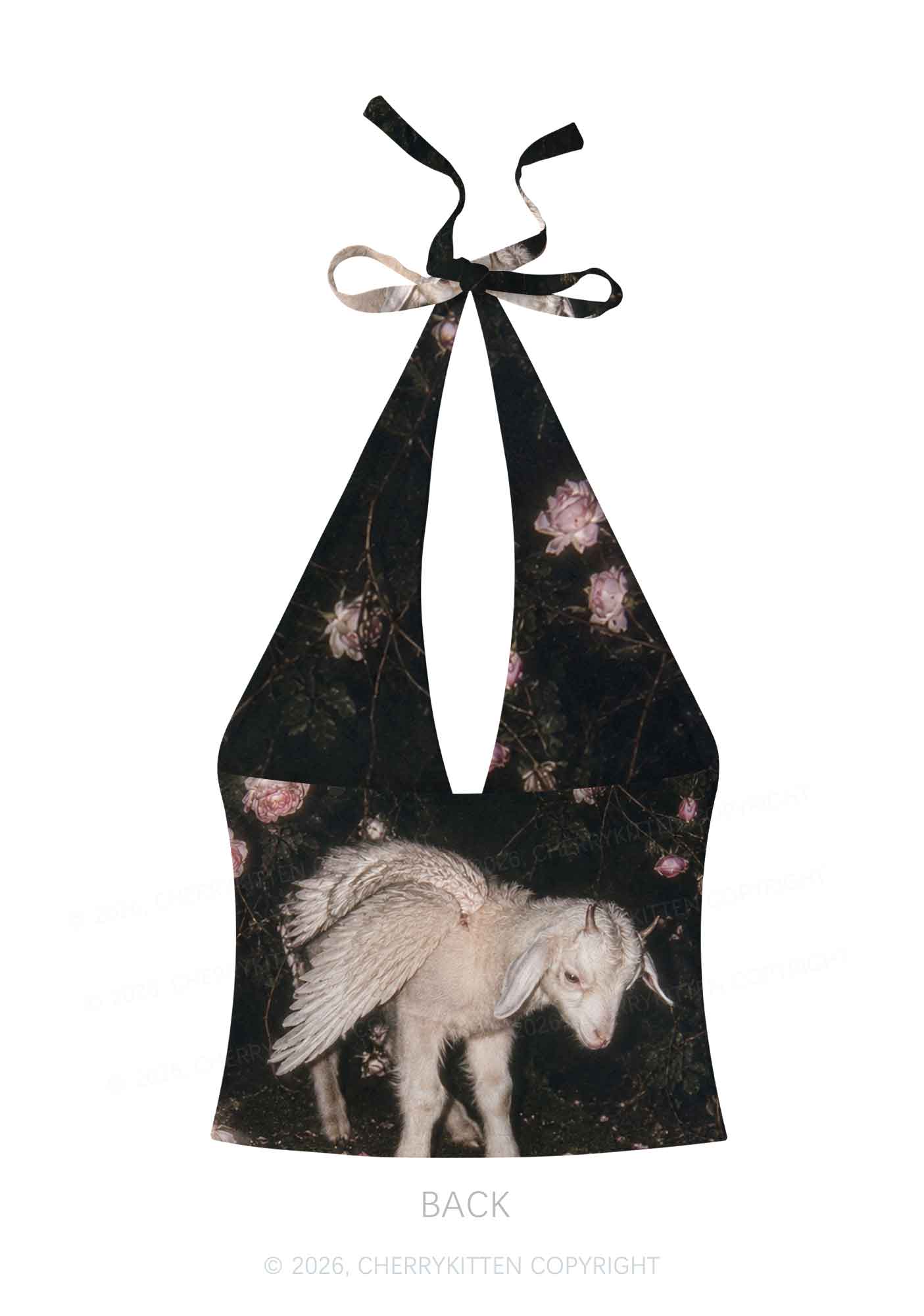 Winged Baby Goat Y2K Print Halter Deep V Neck Cami Cherrykitten