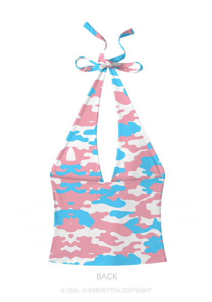 Trans Camouflage Pride Y2K Print Halter Deep V Neck Cami Cherrykitten