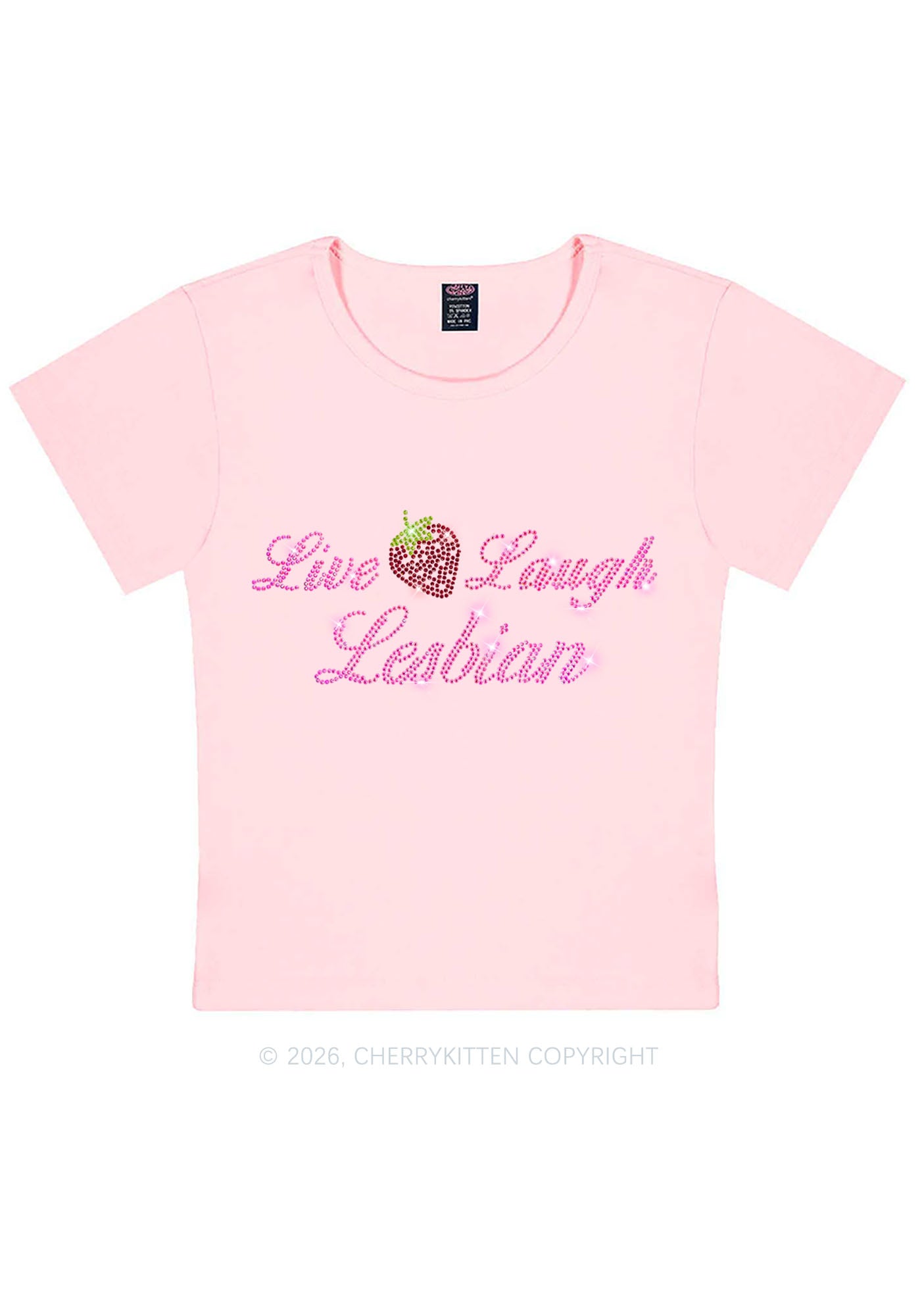 Rhinestone Live Laugh Lesbian Strawberry Pride Y2K Baby Tee Cherrykitten