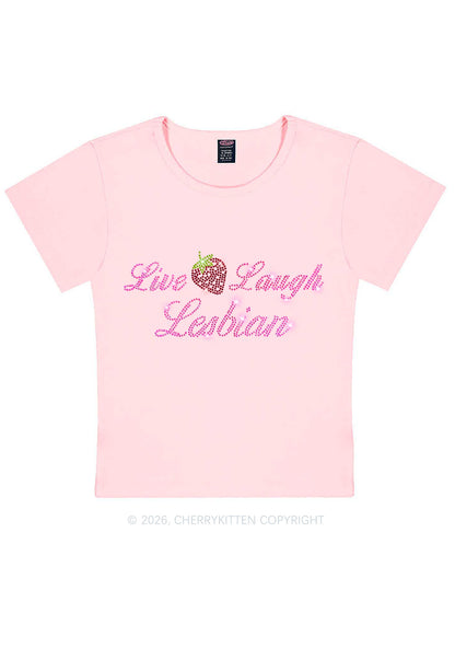 Rhinestone Live Laugh Lesbian Strawberry Pride Y2K Baby Tee Cherrykitten