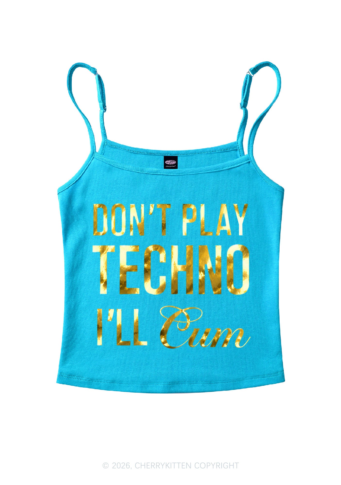 Dont Play Techno Silver Foil Printed Y2K Spaghetti Strap Cami Cherrykitten