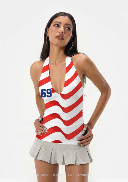 Red White Wavy Stripe Y2K Print Halter Deep V Neck Cami Cherrykitten