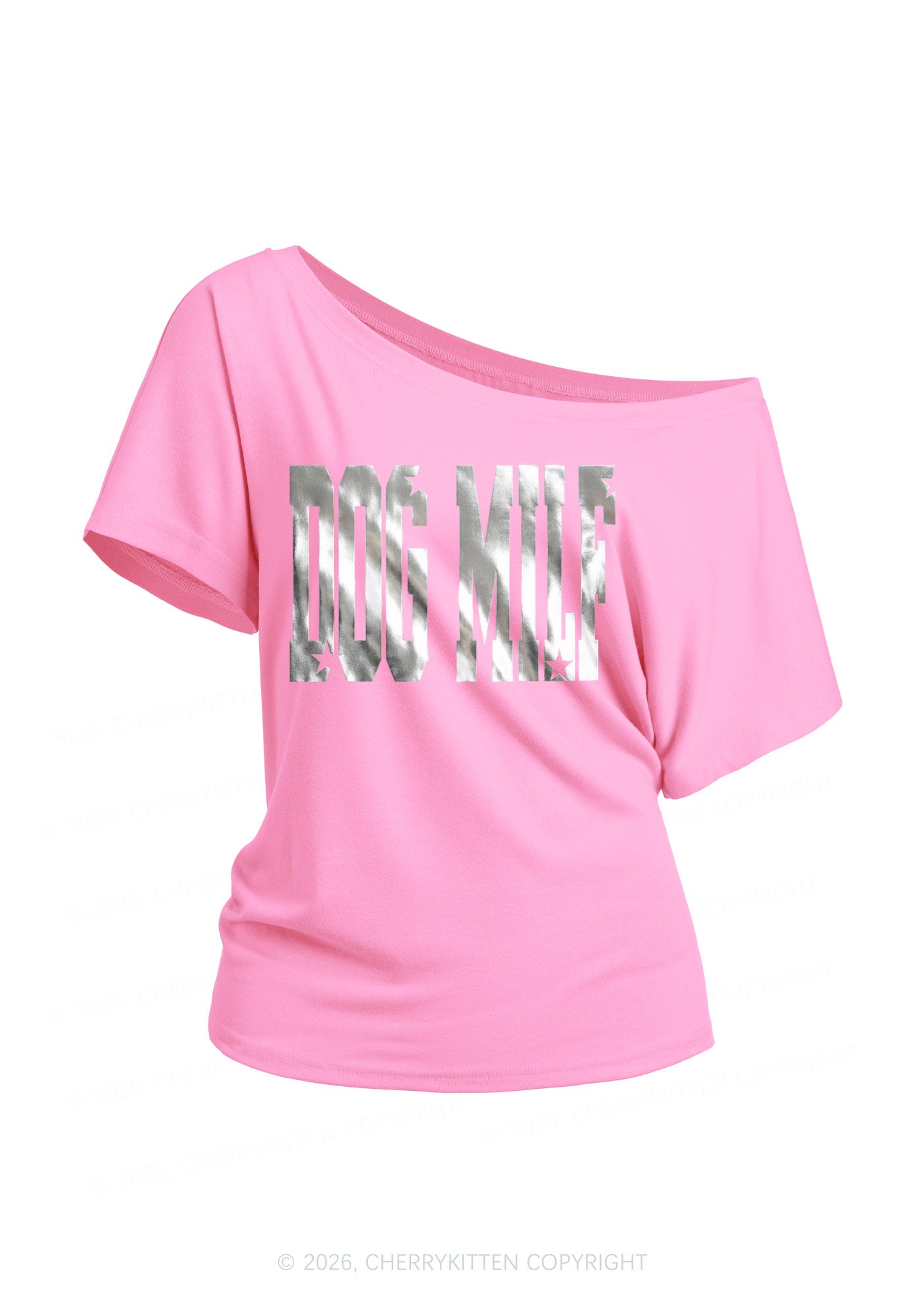 Dog Mxxf Silver Foil Printed Y2K Off Shoulder Tee Cherrykitten