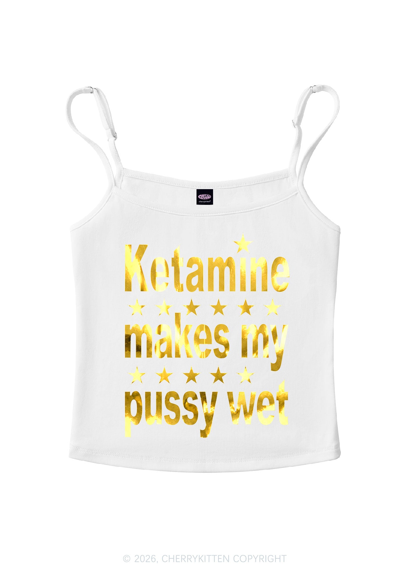 K Makes My Puxxy Wet Silver Foil Printed Y2K Spaghetti Strap Cami Cherrykitten