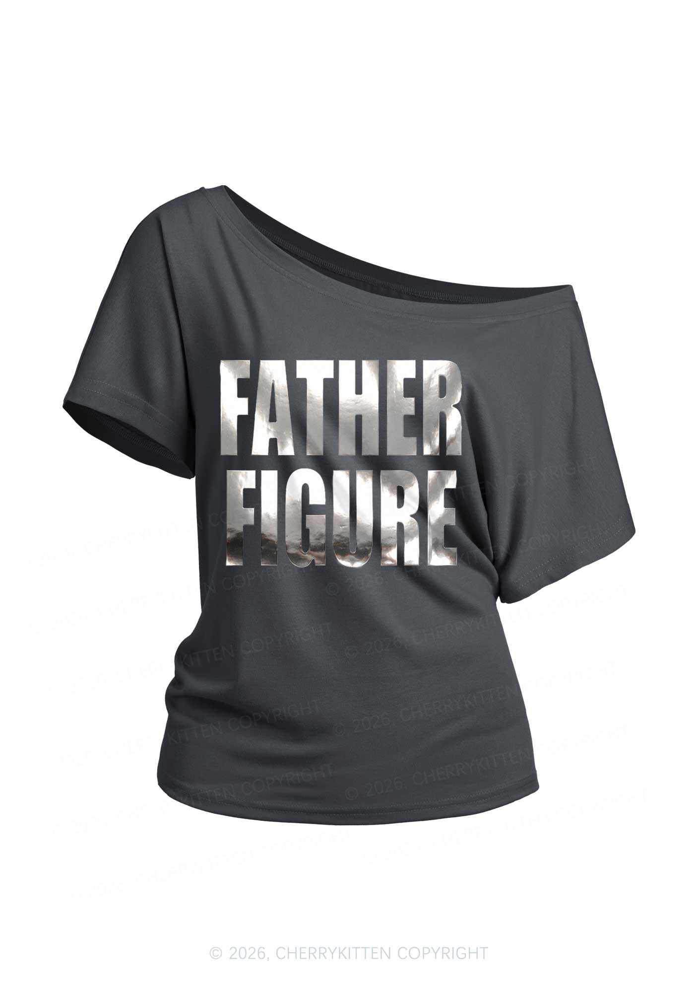 Father Figure Silver Foil Printed Y2K Off Shoulder Tee Cherrykitten