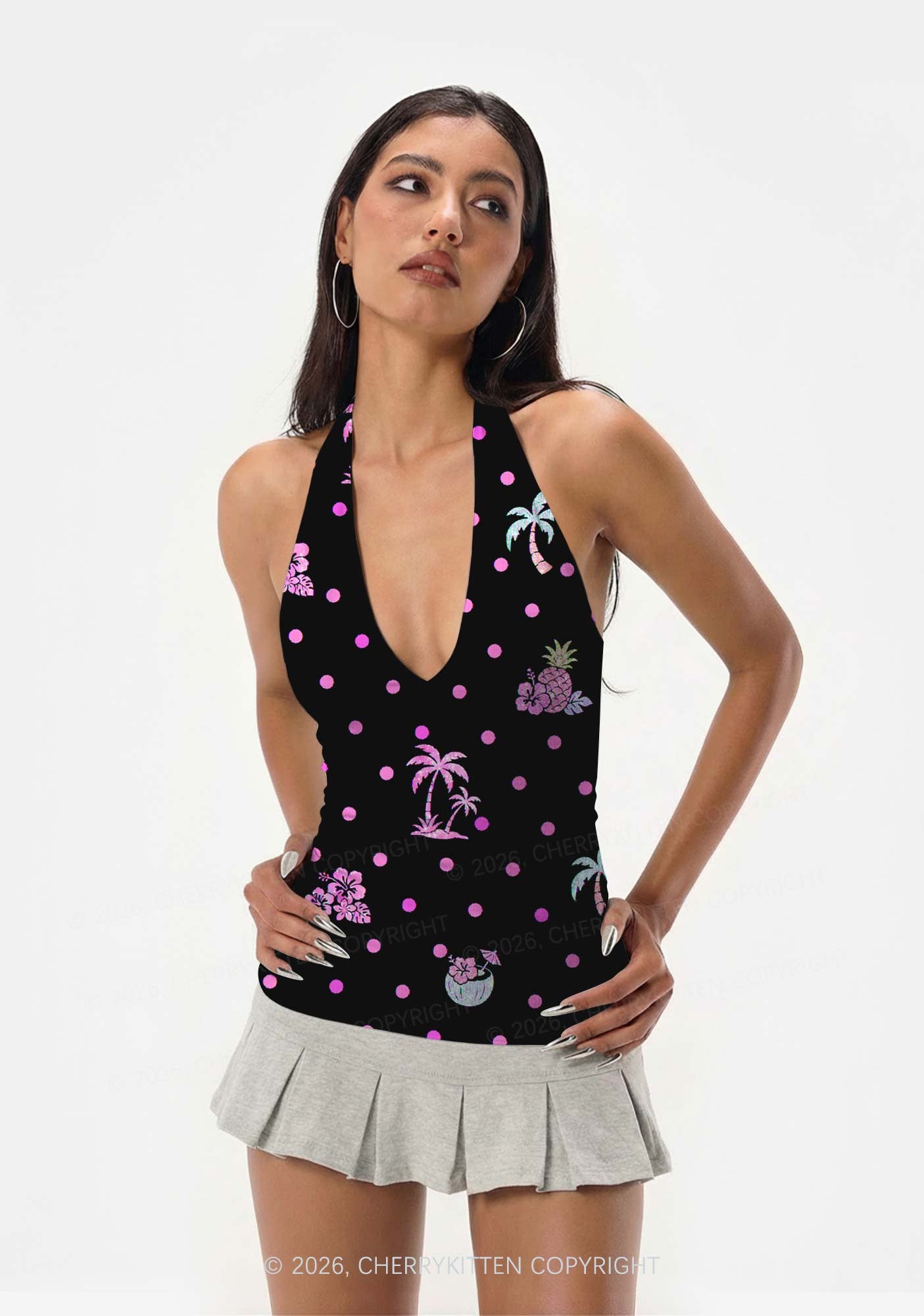 Pink Dots Palm Tree Y2K Print Halter Deep V Neck Cami Cherrykitten