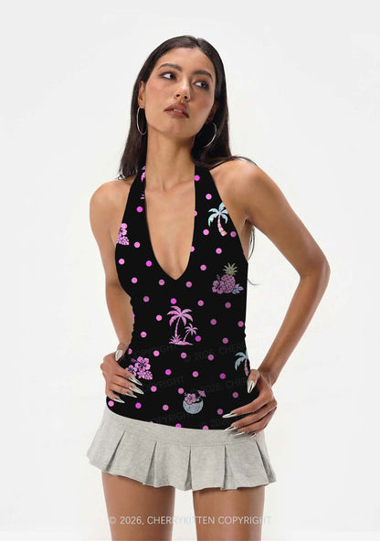 Pink Dots Palm Tree Y2K Print Halter Deep V Neck Cami Cherrykitten