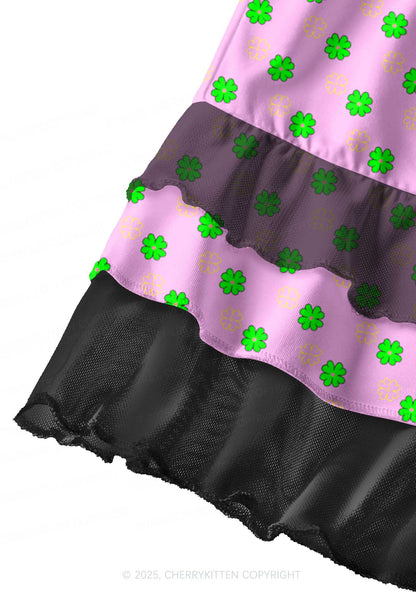 Clover On Pink St Patricks Y2K Print Mini Layered Skirt Cherrykitten