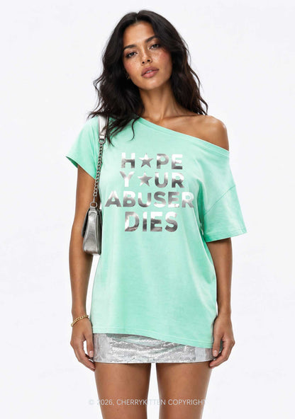 Abuser Dies Silver Foil Printed Y2K Off Shoulder Tee Cherrykitten