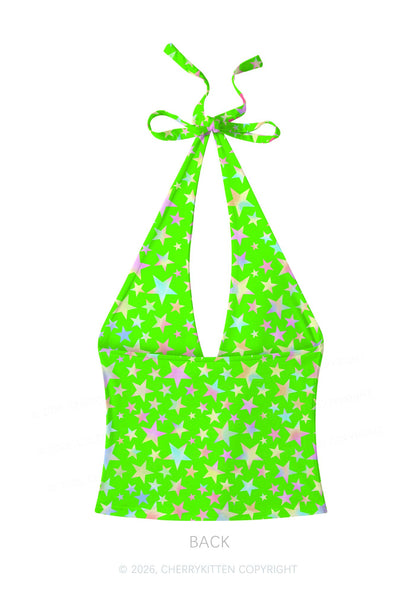 Green Alpha Male Y2K Print Halter Deep V Neck Cami Cherrykitten
