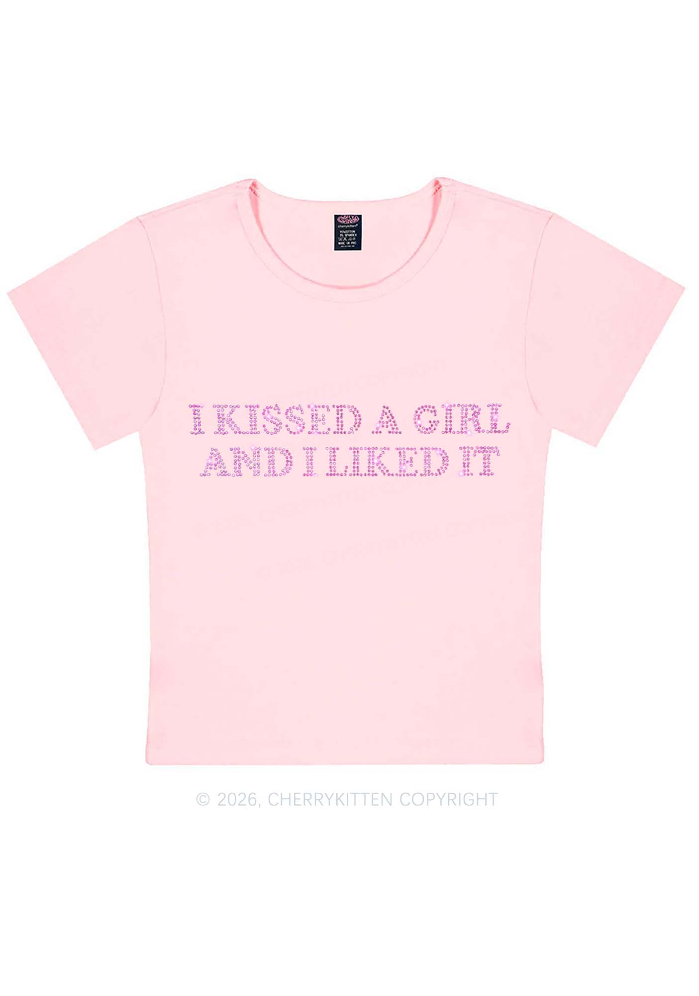 Rhinestone I Kissed A Girl Pride Y2K Baby Tee Cherrykitten