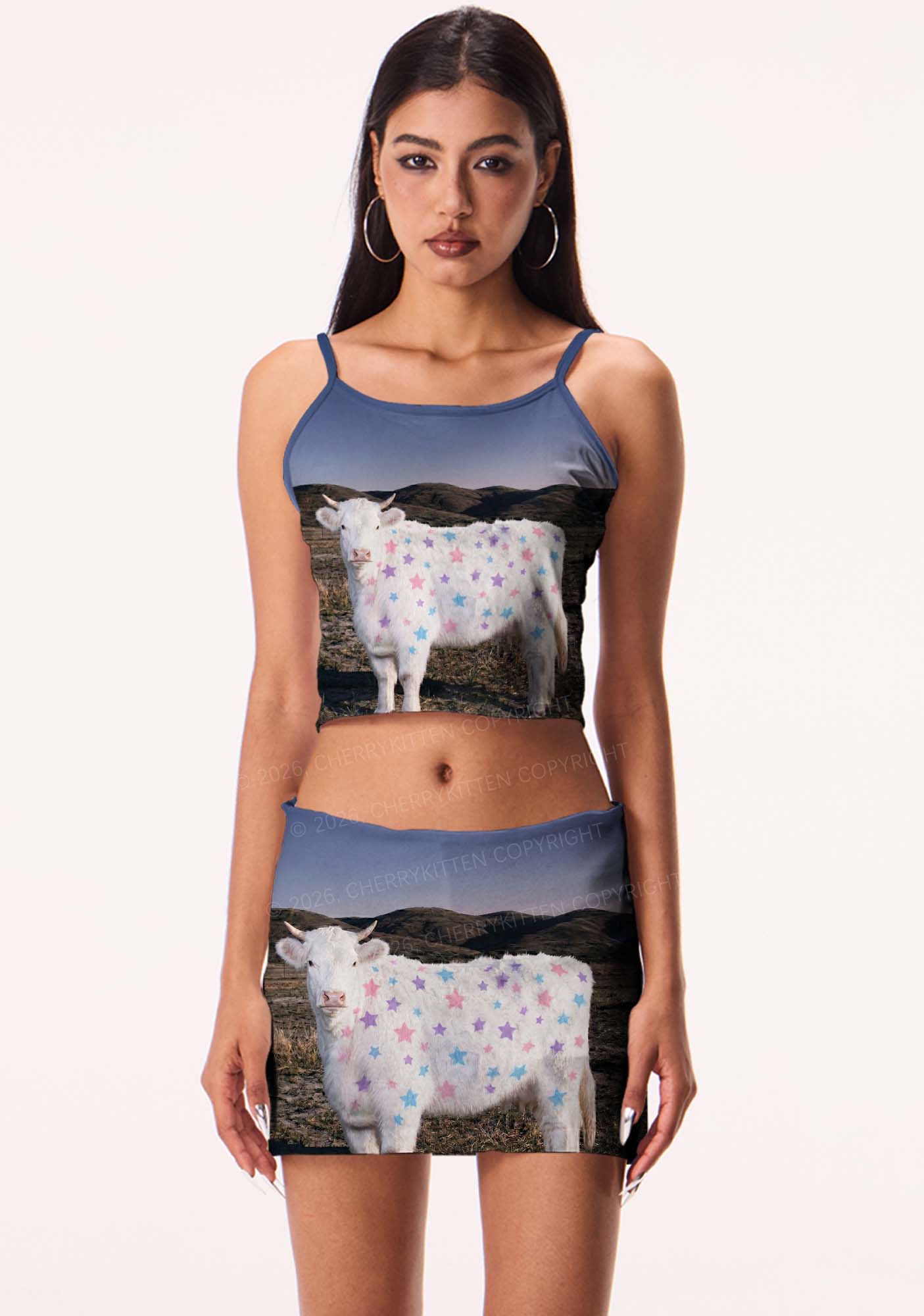 Pastel Star Cow Y2K Print Cami Crop Top Cherrykitten