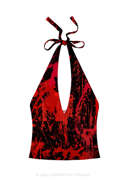Halloween Red Blood On Black Y2K Print Halter Deep V Neck Cami Cherrykitten