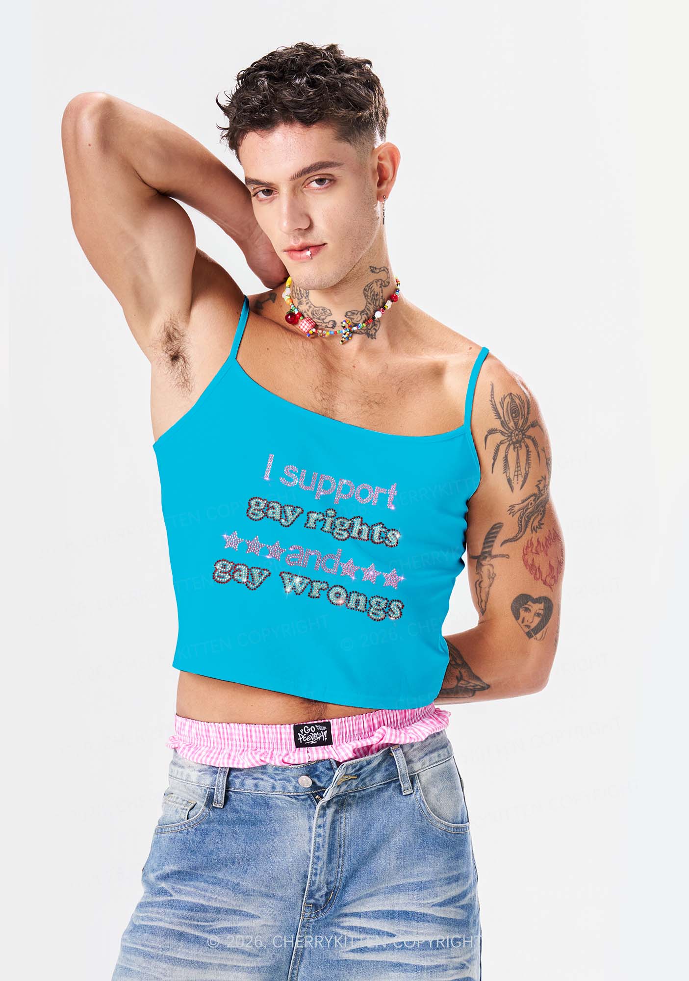 Rhinestone I Support Gay Rights Y2K Spaghetti Strap Cami Cherrykitten