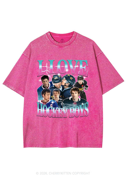 Pink Blue Gradient I Love Hockey Boys HR Y2K Shirts Washed Tee Cherrykitten