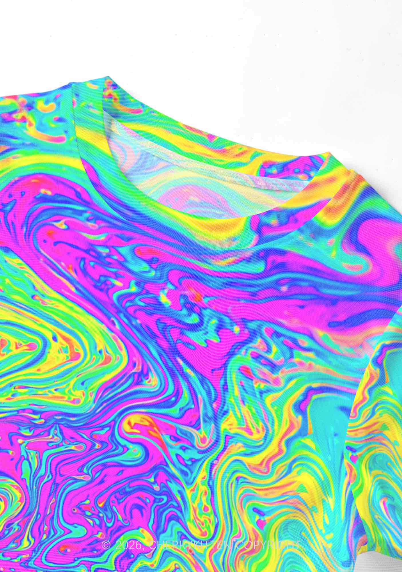 Rainbow Fluid Swirl Y2K Mesh Crop Top Cherrykitten
