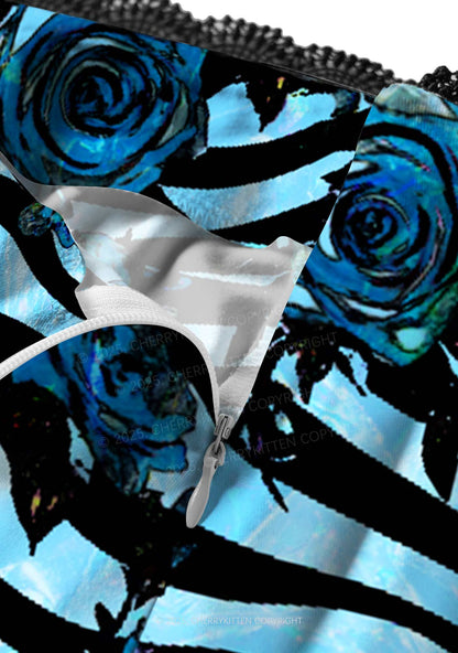 Blue Zebra Roses Y2K Print Midi Skirt Cherrykitten
