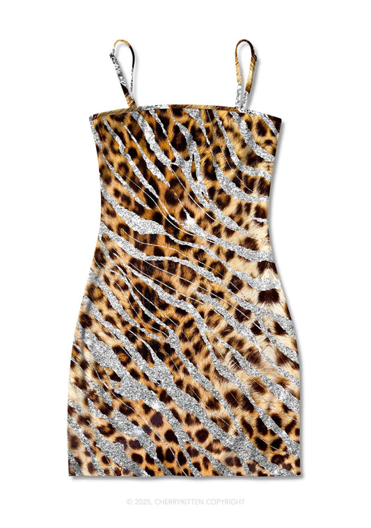 Silver Glitter Leopard Y2K Print Slip Dress Cherrykitten
