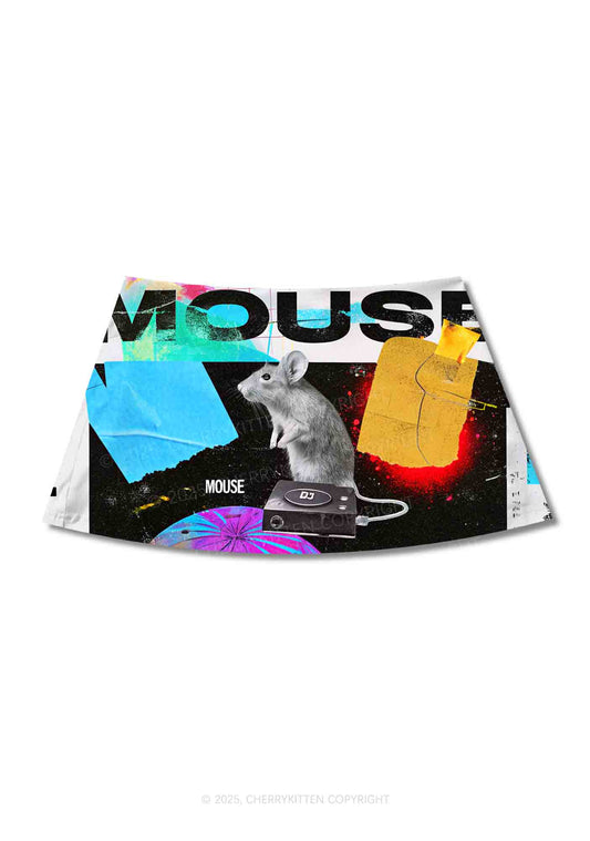 Neon DJ Mouse Y2K Print Mini Skirt Cherrykitten
