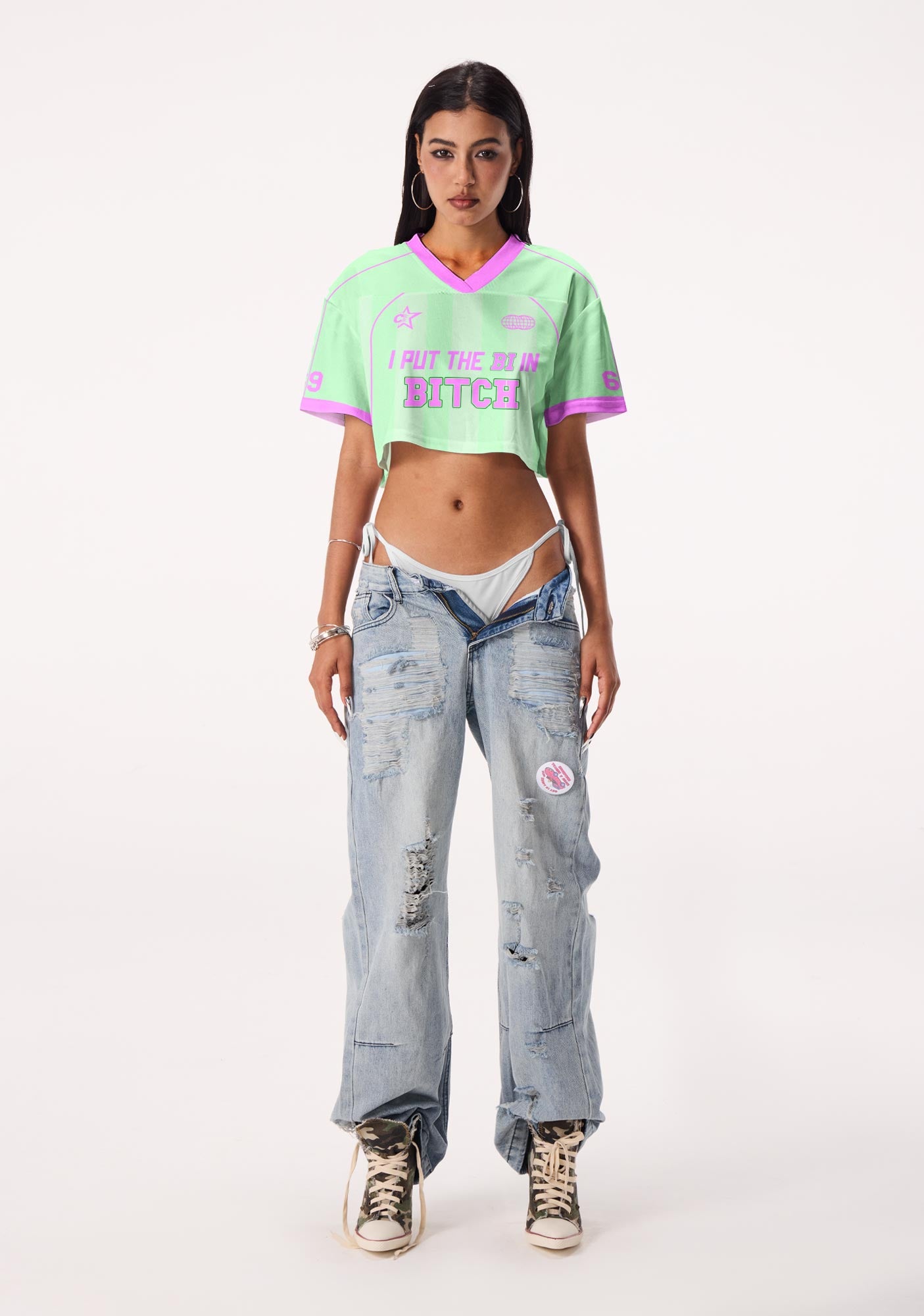 Mint Green I Put The Bi In Bxxch Pride Y2K Crop Sport Jersey Shirts Cherrykitten