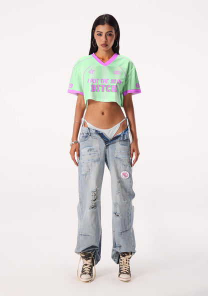 Mint Green I Put The Bi In Bxxch Pride Y2K Crop Sport Jersey Shirts Cherrykitten