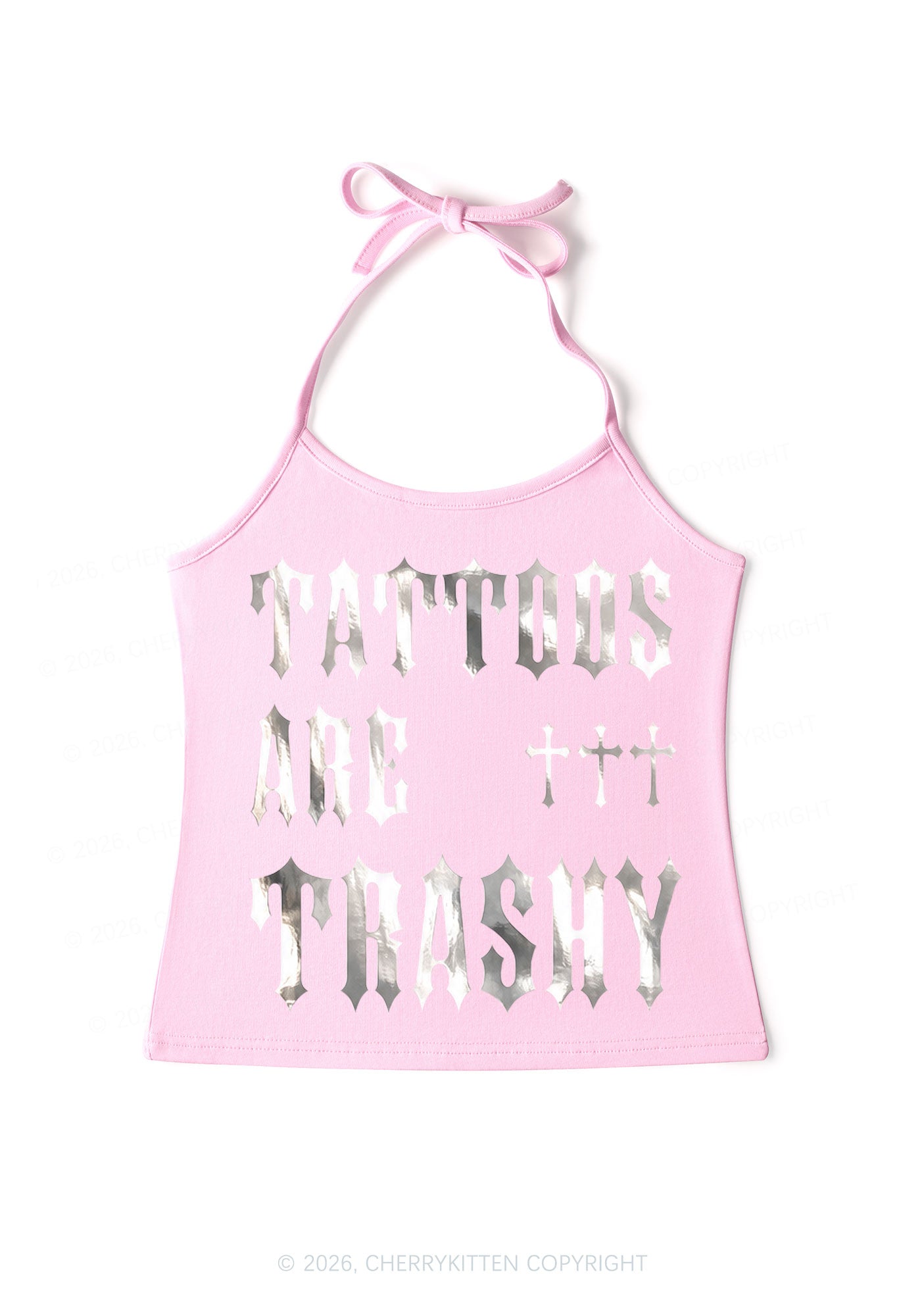 Tattoos Are Trashy Silver Foil Printed Y2K Halter Neck Cami Cherrykitten