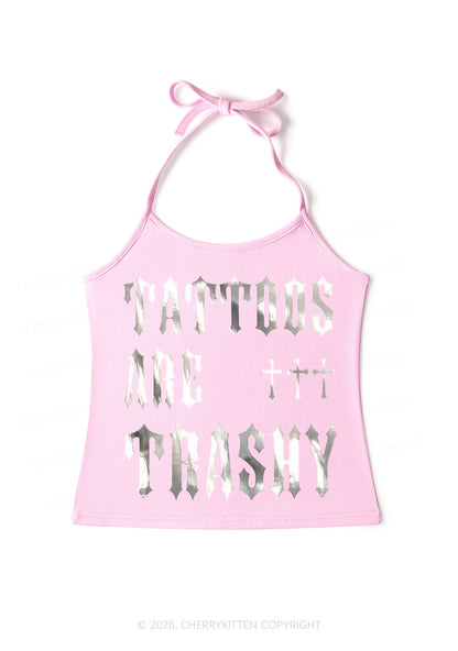 Tattoos Are Trashy Silver Foil Printed Y2K Halter Neck Cami Cherrykitten