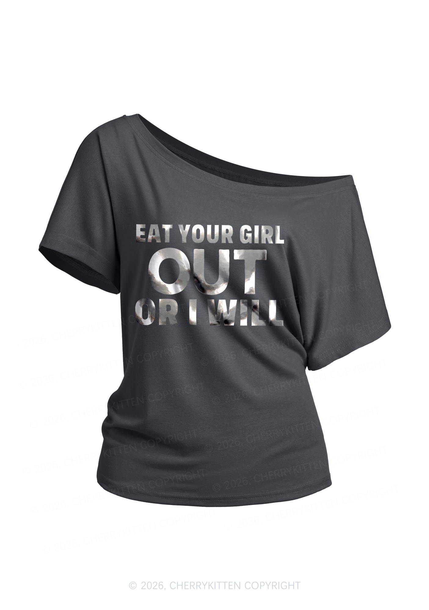 Eat Your Girl Out Silver Foil Printed Y2K Off Shoulder Tee Cherrykitten