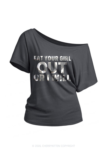Eat Your Girl Out Silver Foil Printed Y2K Off Shoulder Tee Cherrykitten