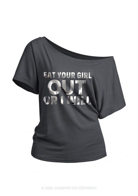 Eat Your Girl Out Silver Foil Printed Y2K Off Shoulder Tee Cherrykitten