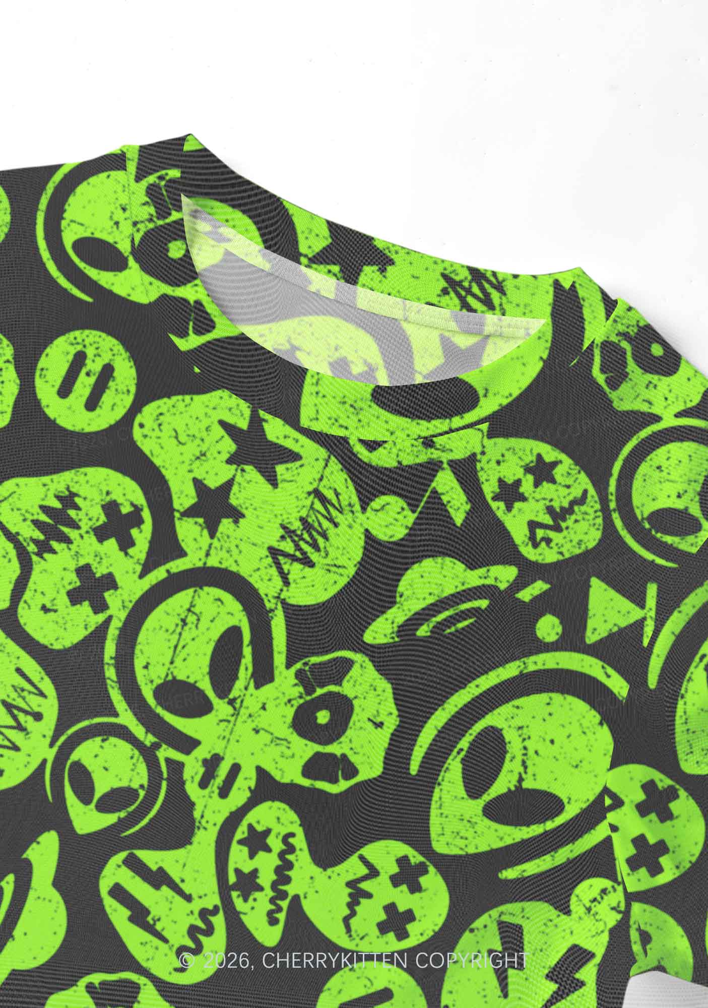 Green Alien Doodle Y2K Mesh Crop Top Cherrykitten
