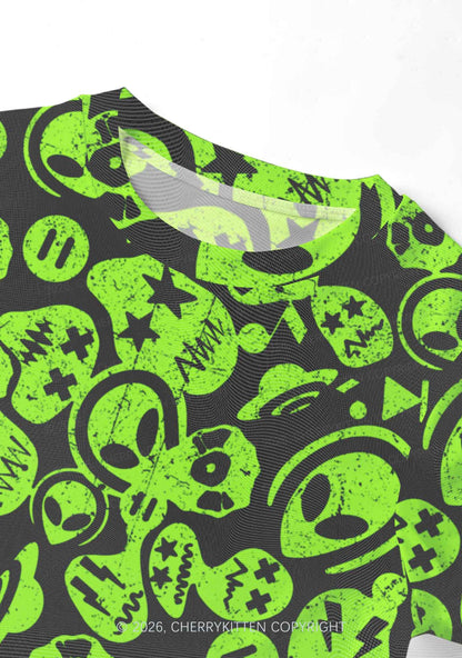 Green Alien Doodle Y2K Mesh Crop Top Cherrykitten