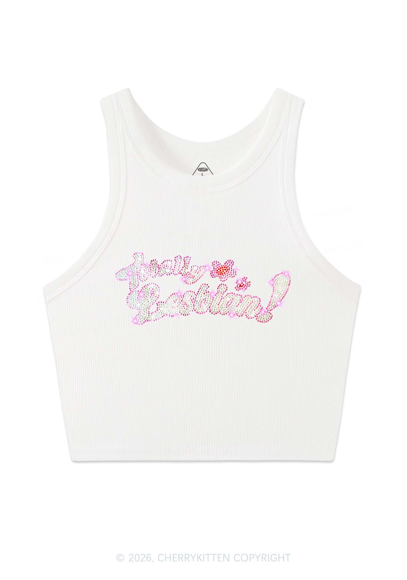 Rhinestone Totally Lesbian Pride Y2K Crop Tank Top Cherrykitten