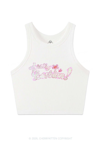 Rhinestone Totally Lesbian Pride Y2K Crop Tank Top Cherrykitten