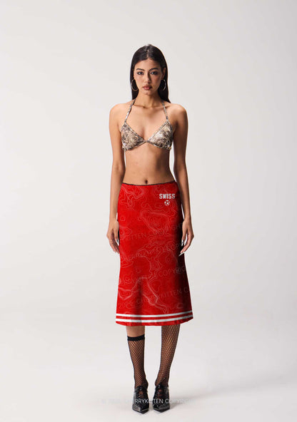 Red Topographic Line Y2K Print Midi Skirt Cherrykitten