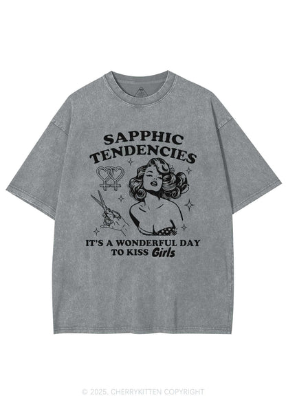 Sapphic Tendencies Kiss Girls Y2K Shirts Washed Tee Cherrykitten