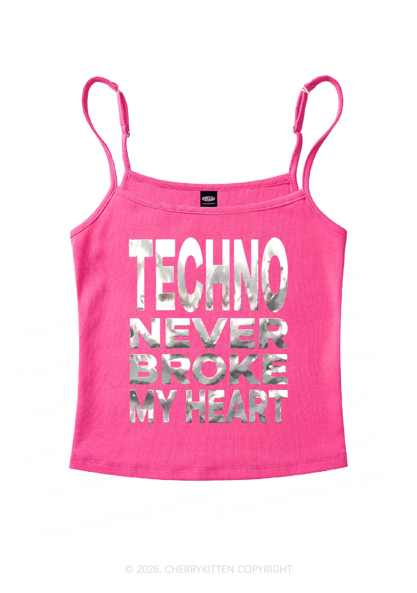 Techno Broke Heart Silver Foil Printed Y2K Spaghetti Strap Cami Cherrykitten