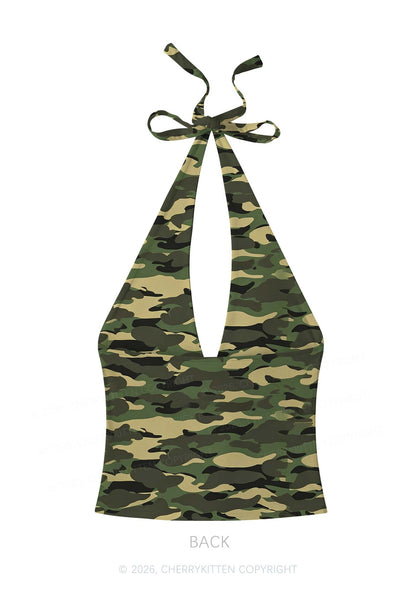Feral Camo Y2K Print Halter Deep V Neck Cami Cherrykitten