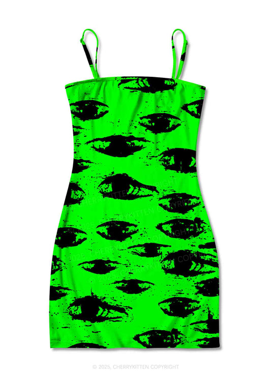 Eyes On Bright Green Y2K Print Slip Dress Cherrykitten