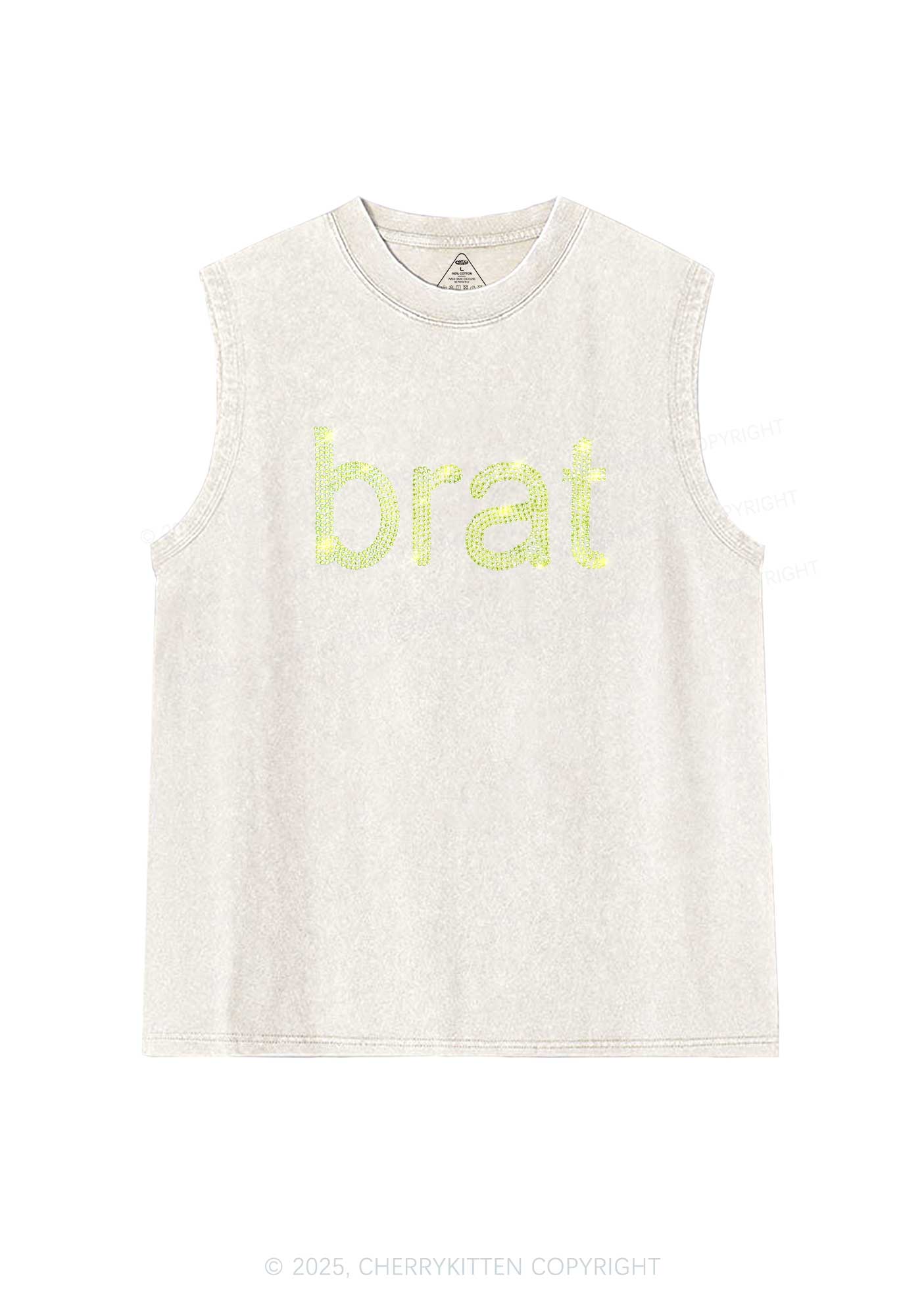 Rhinestone Green Brat Y2K Washed Muscle Tank Cherrykitten