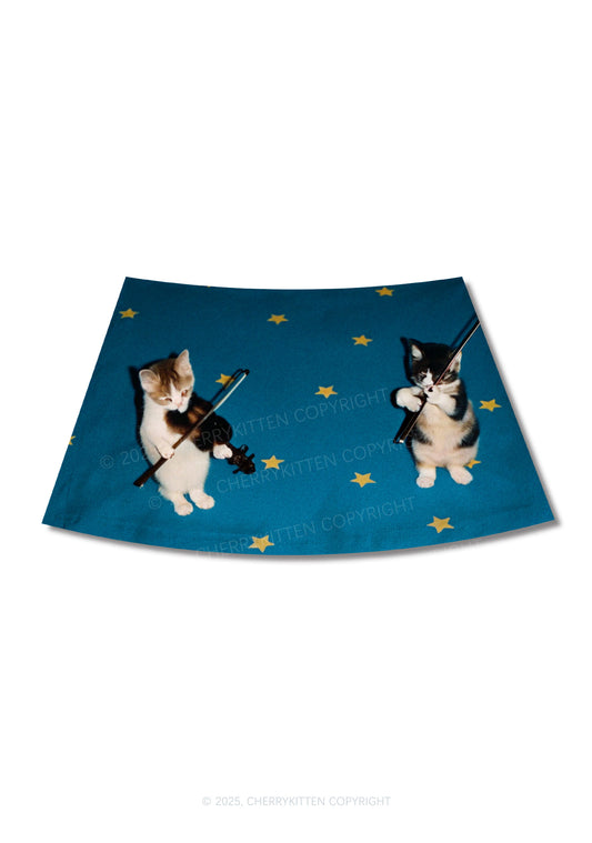 Kitten Violinist Y2K Print Mini Skirt Cherrykitten
