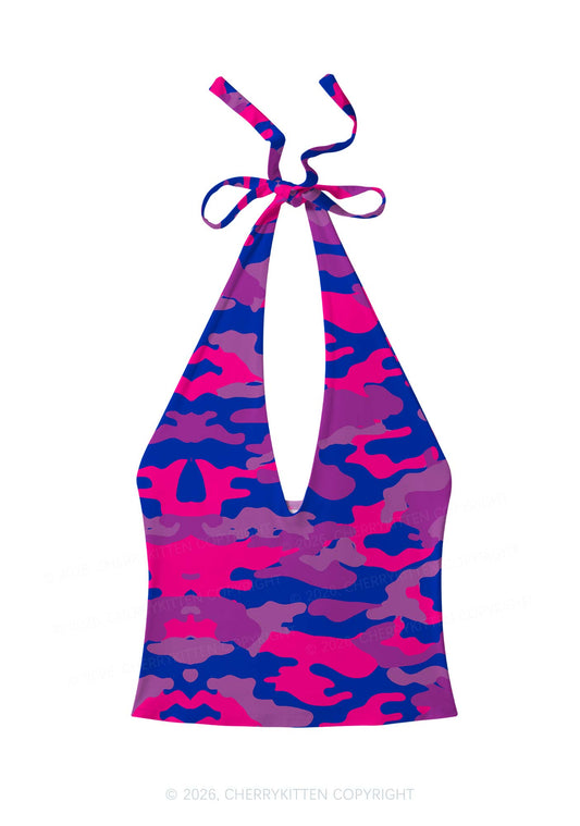 Bisexual Camouflage Pride Y2K Print Halter Deep V Neck Cami Cherrykitten