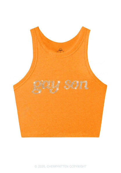 Rhinestone Gay Son Pride Y2K Crop Tank Top Cherrykitten