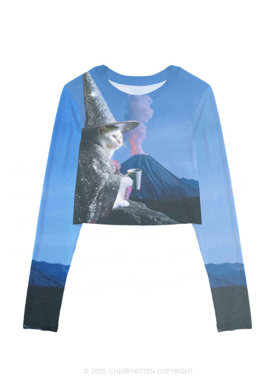 Magic Cat Y2K Mesh Long Sleeve Crop Top Cherrykitten