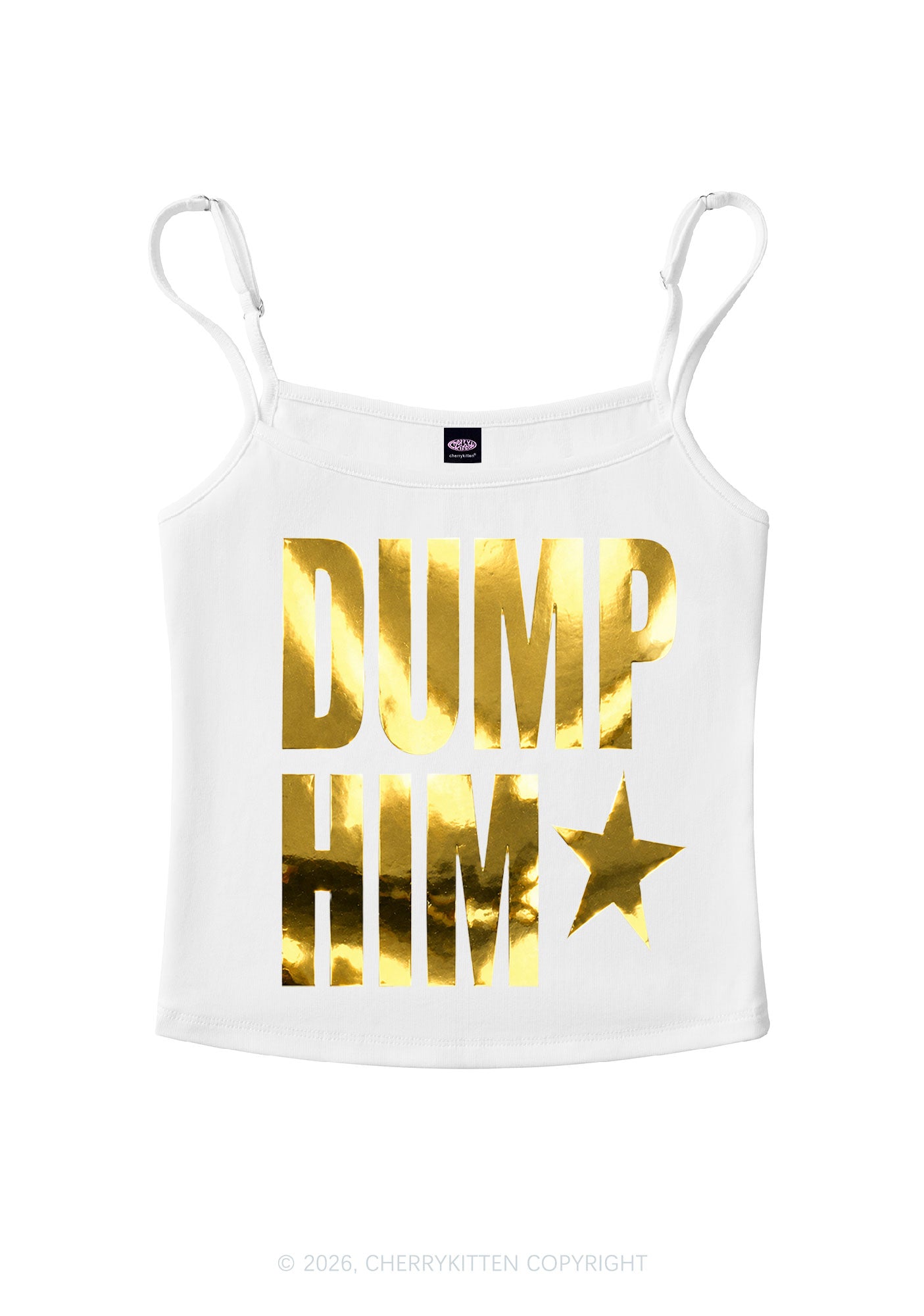 Dump Him Silver Foil Printed Y2K Spaghetti Strap Cami Cherrykitten