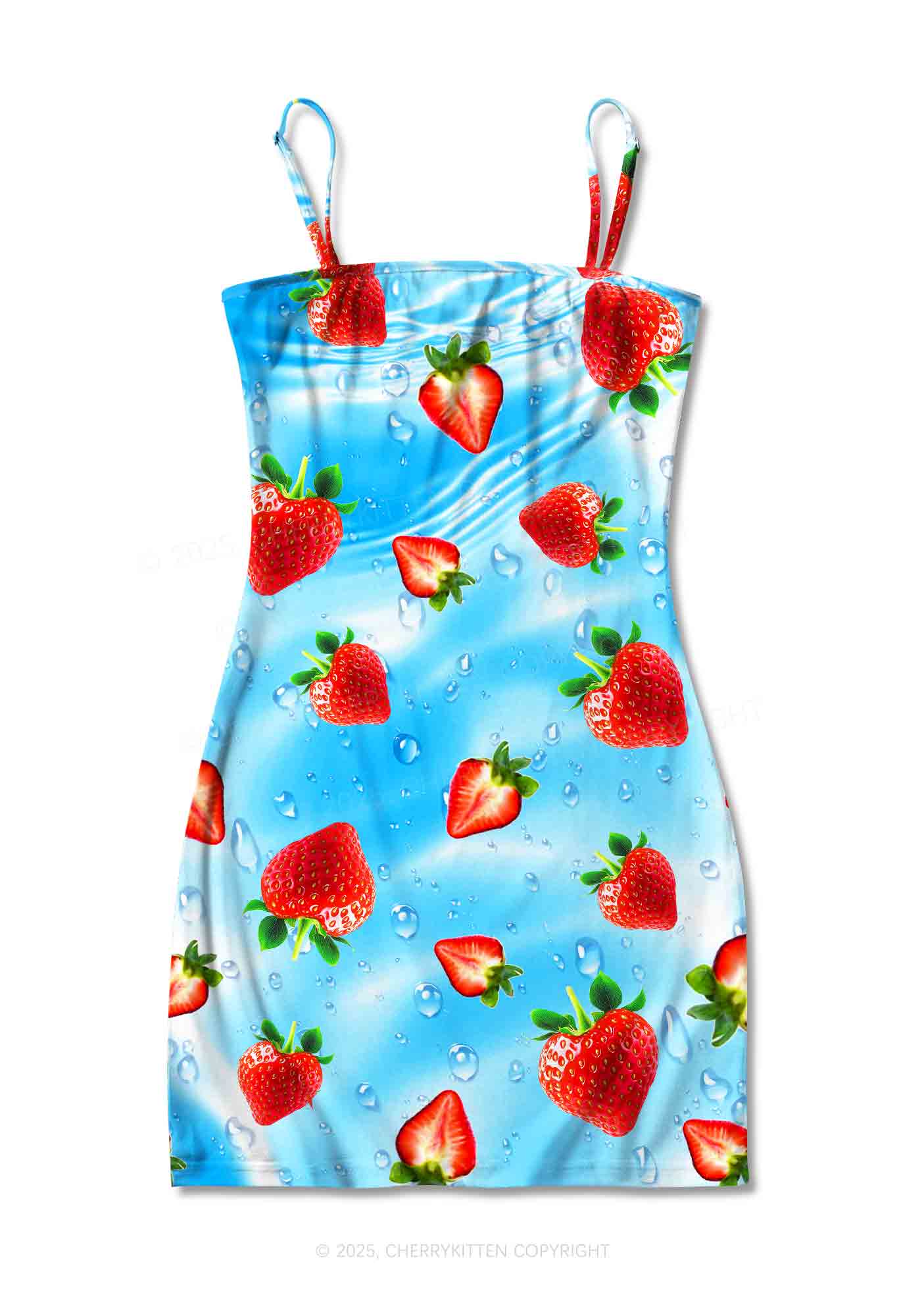 Blue Strawberry Y2K Print Slip Dress Cherrykitten