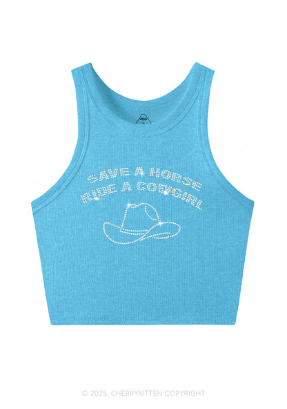 Rhinestone Save Horse Ride Cowgirl Y2K Crop Tank Top Cherrykitten