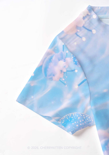 Blue Ocean Jellyfish Y2K Mesh Crop Top Cherrykitten